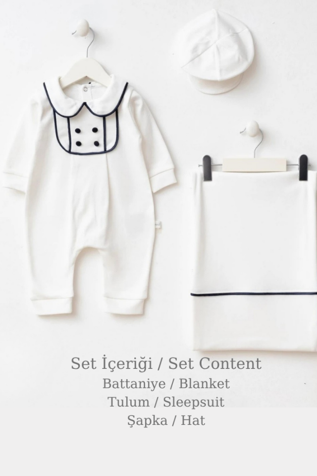 Erkek Bebek Hastane Çıkışı 3 Parça Lacivert Şeritli Bebe Yaka Tulum-Battaniye-Şapka