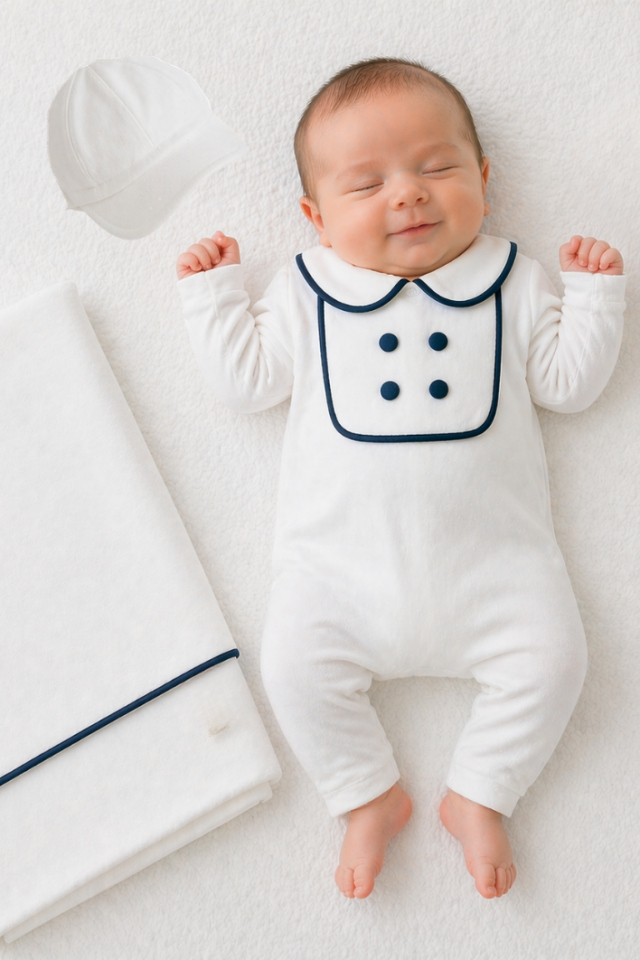 Erkek Bebek Hastane Çıkışı 3 Parça Lacivert Şeritli Bebe Yaka Tulum-Battaniye-Şapka