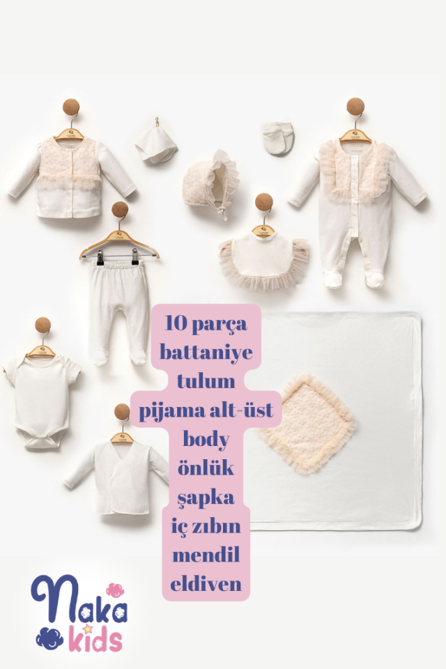 Ekru Renk Somon Dantel ve Tül Detaylı 10 Parça Kız Bebek Hastane Çıkış Seti