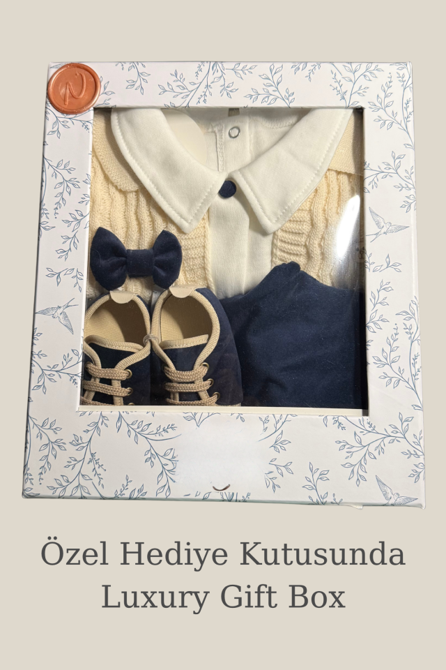 Triko Hırkalı Papyonlu 5 Parça Erkek Bebek Takımı