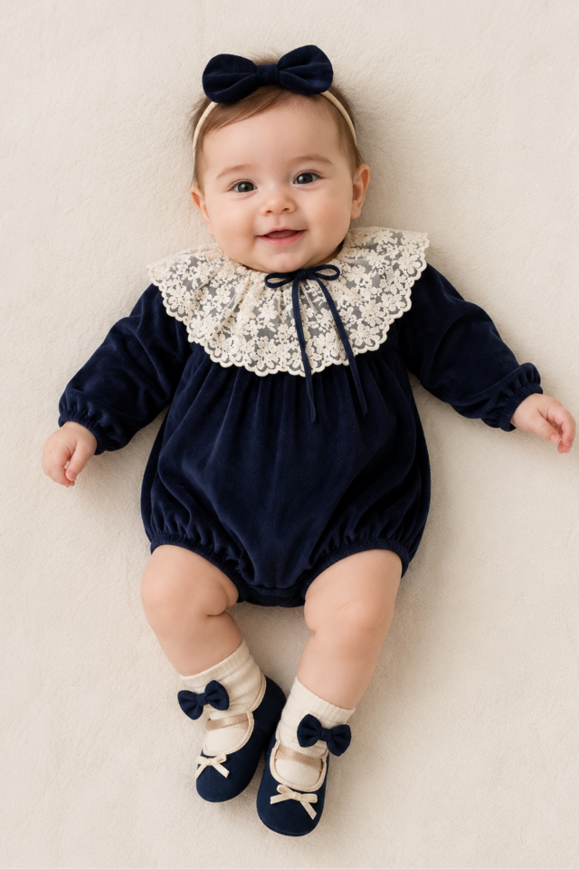 Elise Lace 4 Parça Kadife Kız Bebek Romper Seti | Dantel Yakalı Premium Baby Girl Outfit
