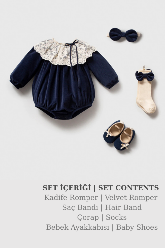 Elise Lace 4 Parça Kadife Kız Bebek Romper Seti | Dantel Yakalı Premium Baby Girl Outfit