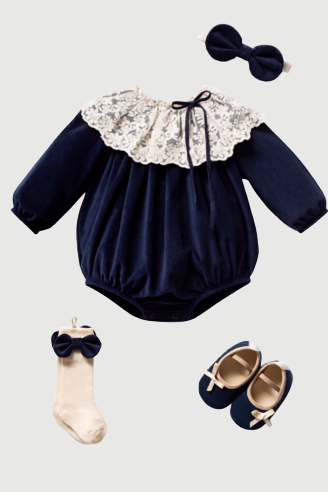 Elise Lace 4 Parça Kadife Kız Bebek Romper Seti | Dantel Yakalı Premium Baby Girl Outfit