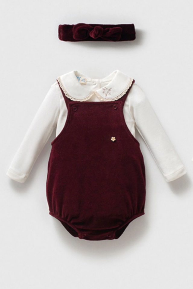 Heritage Velvet Bordo Kadife Salopet Romper 4 Parça Kız Bebek Hediye Seti