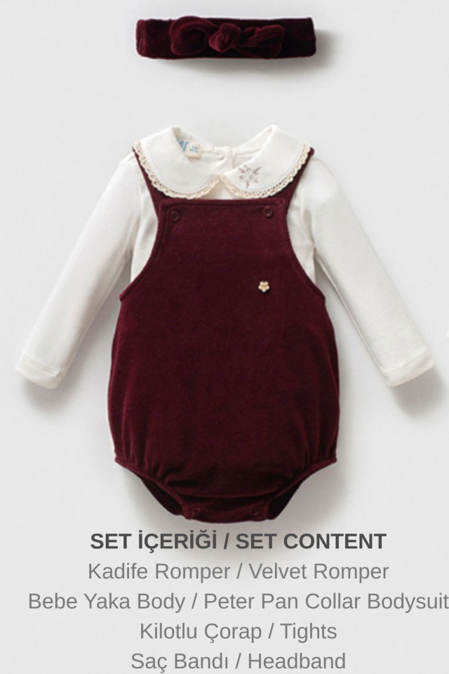 Heritage Velvet Bordo Kadife Salopet Romper 4 Parça Kız Bebek Hediye Seti
