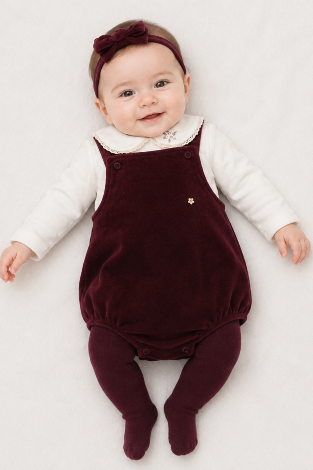 Heritage Velvet Bordo Kadife Salopet Romper 4 Parça Kız Bebek Hediye Seti