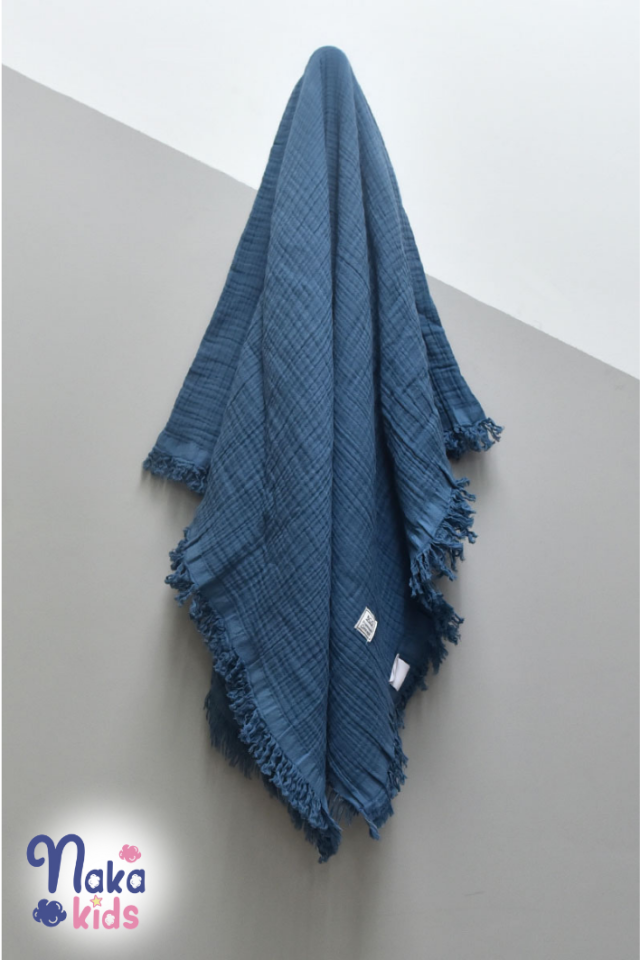 Doğal Müslin Battaniye - 4 Katlı Yumuşaklık 100*120 Nakışlı indigo