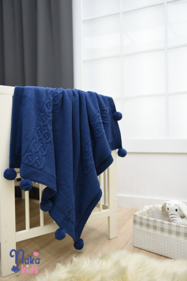 Saç Örgülü Ponponlu Bebek Battaniye indigo