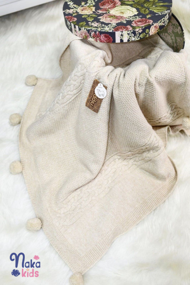 Saç Örgülü Ponponlu Bebek Battaniye Bej