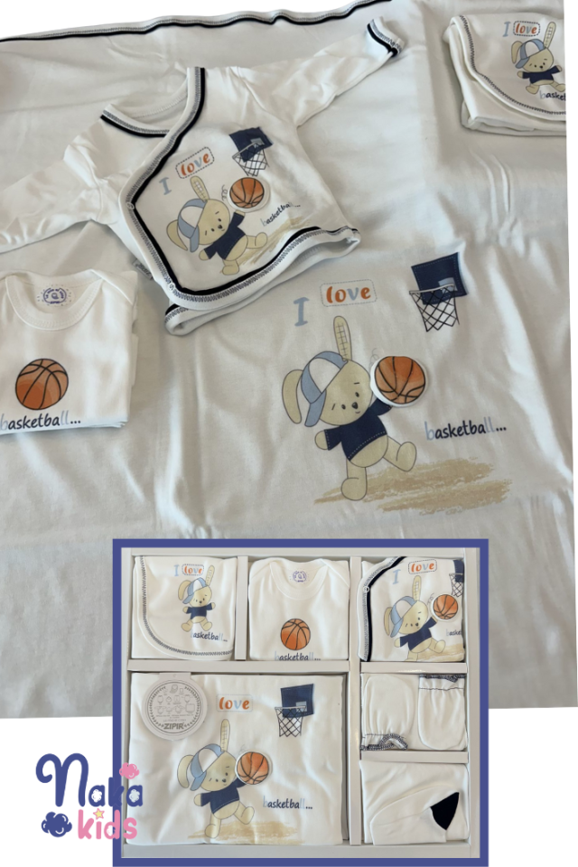 Basket Oynayan Sevimli Ayı Temalı 10'lu Bebek Hastane Çıkış Seti - %100 Doğal Pamuk, Antialerjik,