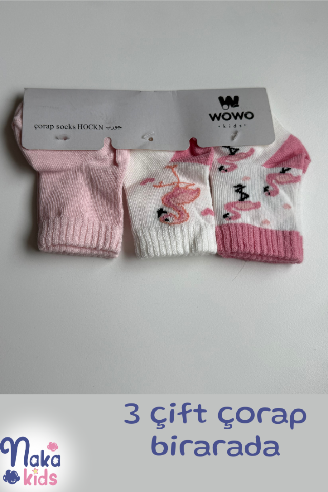 3 Çift Kız Bebek Çorabı – Pembe & Flamingo Desenli