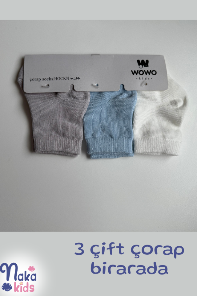 3 Çift Düz Renk Bebek Çorabı – Gri, Mavi, Beyaz