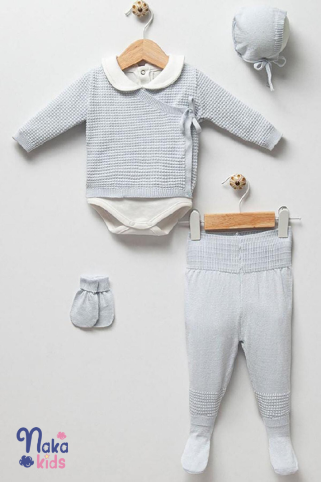 Pirinç Desenli 5 li Bebek Takımı 0-1 ay - Mavi