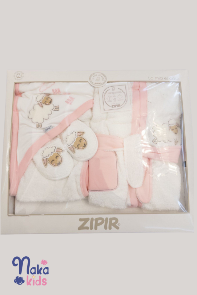 Sevimli Koyun Temalı Pembe 4 Parça Bornoz Seti-Pembe