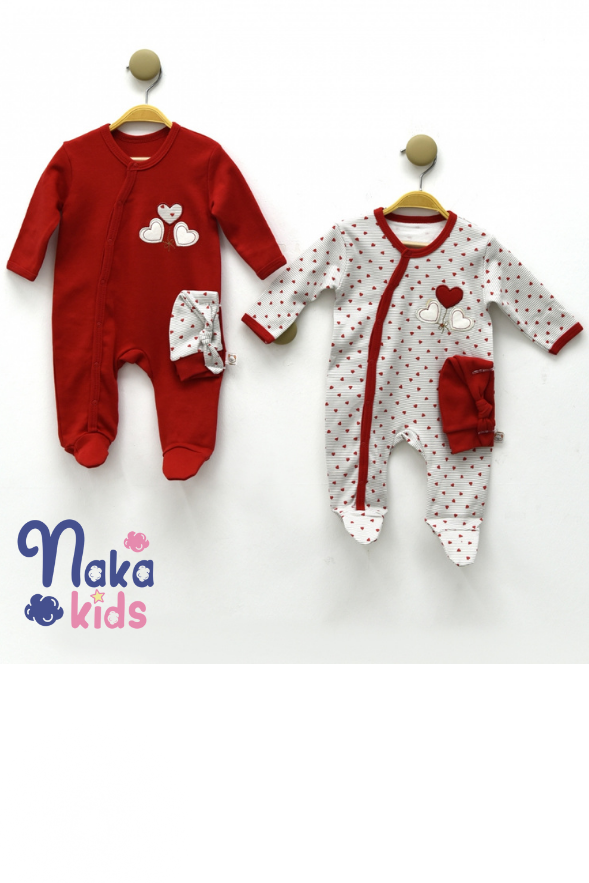 Kalp Desenli Kız Bebek Tulum Şapka- 4lü set