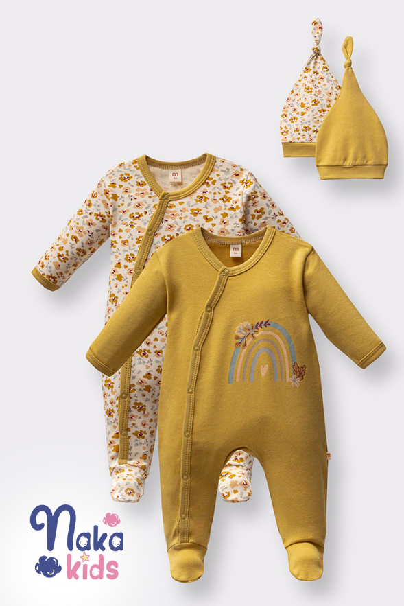 Çiçek ve Gökkuşağı Desenli Kız Bebek Tulum Şapka- 4lü set