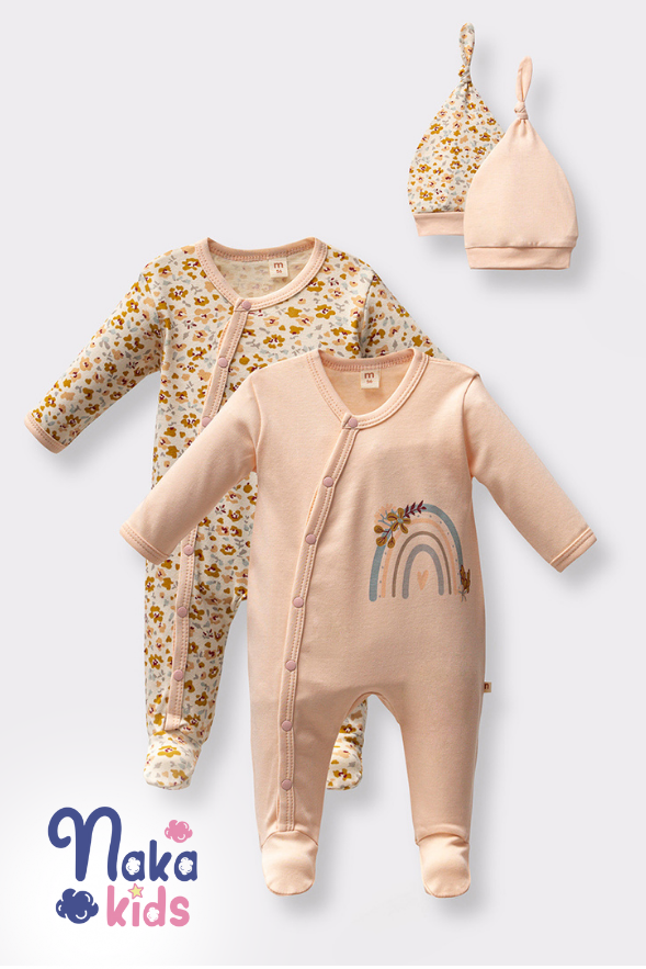 Çiçek ve Gökkuşağı Desenli Kız Bebek Tulum Şapka- 4lü set