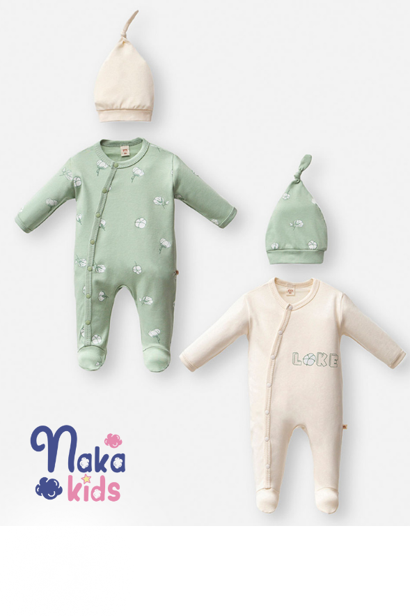 Pamuk Desenli Bebek Tulum Şapka- 4lü set