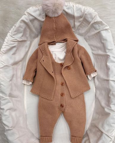 %100 Doğal Pamuklu 3'lü Bebek Salopet Takımı 6-9 ay - Bej