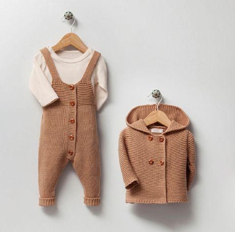 %100 Doğal Pamuklu 3'lü Bebek Salopet Takımı 6-9 ay - Bej