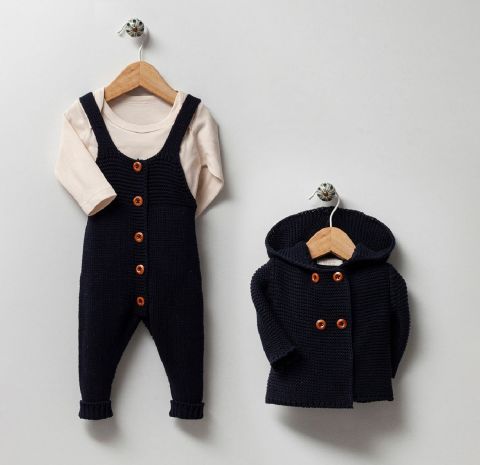 %100 Doğal Pamuklu 3'lü Bebek Salopet Takımı 6-9 ay - Bej