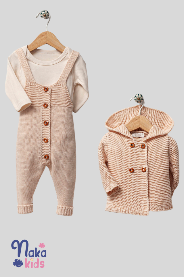 %100 Doğal Pamuklu 3'lü Bebek Salopet Takımı 9-12 ay - Bej