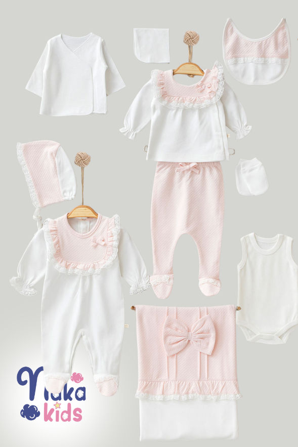 Jakarlı 10 Parça Kız Bebek Hastane Çıkış Seti-Pembe Beyaz