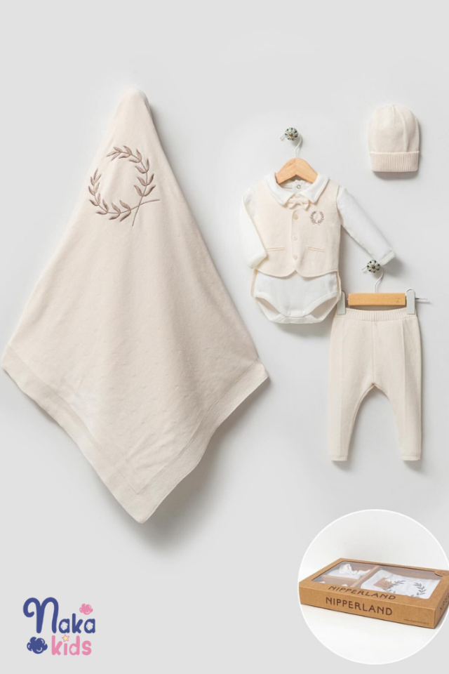 Zeytin Dalı Temalı 5 Parça Erkek Bebek Hastane Çıkışı ve Mevlid Seti-Krem